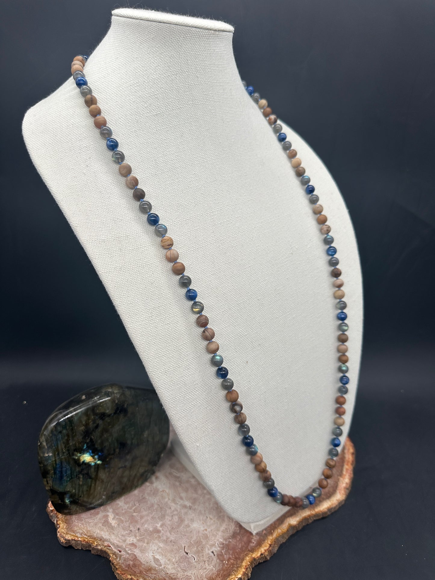 “Chop Wood / Carry Water” Mala – Kyanite, Labradorite, & Petrified Wood (8mm)