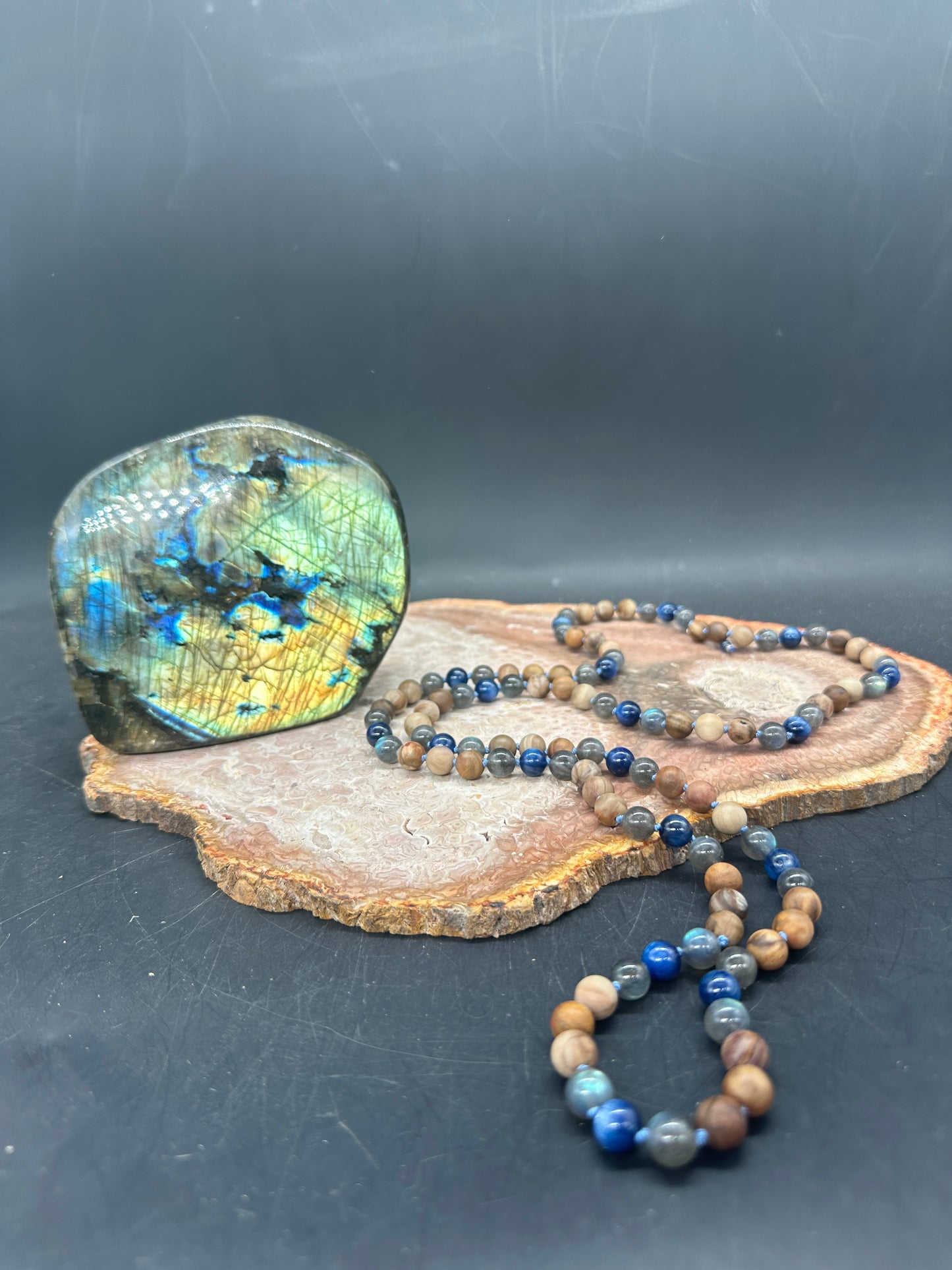 “Chop Wood / Carry Water” Mala – Kyanite, Labradorite, & Petrified Wood (8mm)