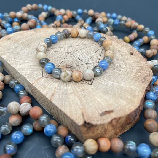 "Chop Wood / Carry Water” Bracelet – Kyanite, Labradorite, & Petrified Wood (8mm)
