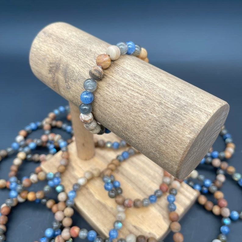 "Chop Wood / Carry Water” Bracelet – Kyanite, Labradorite, & Petrified Wood (8mm)
