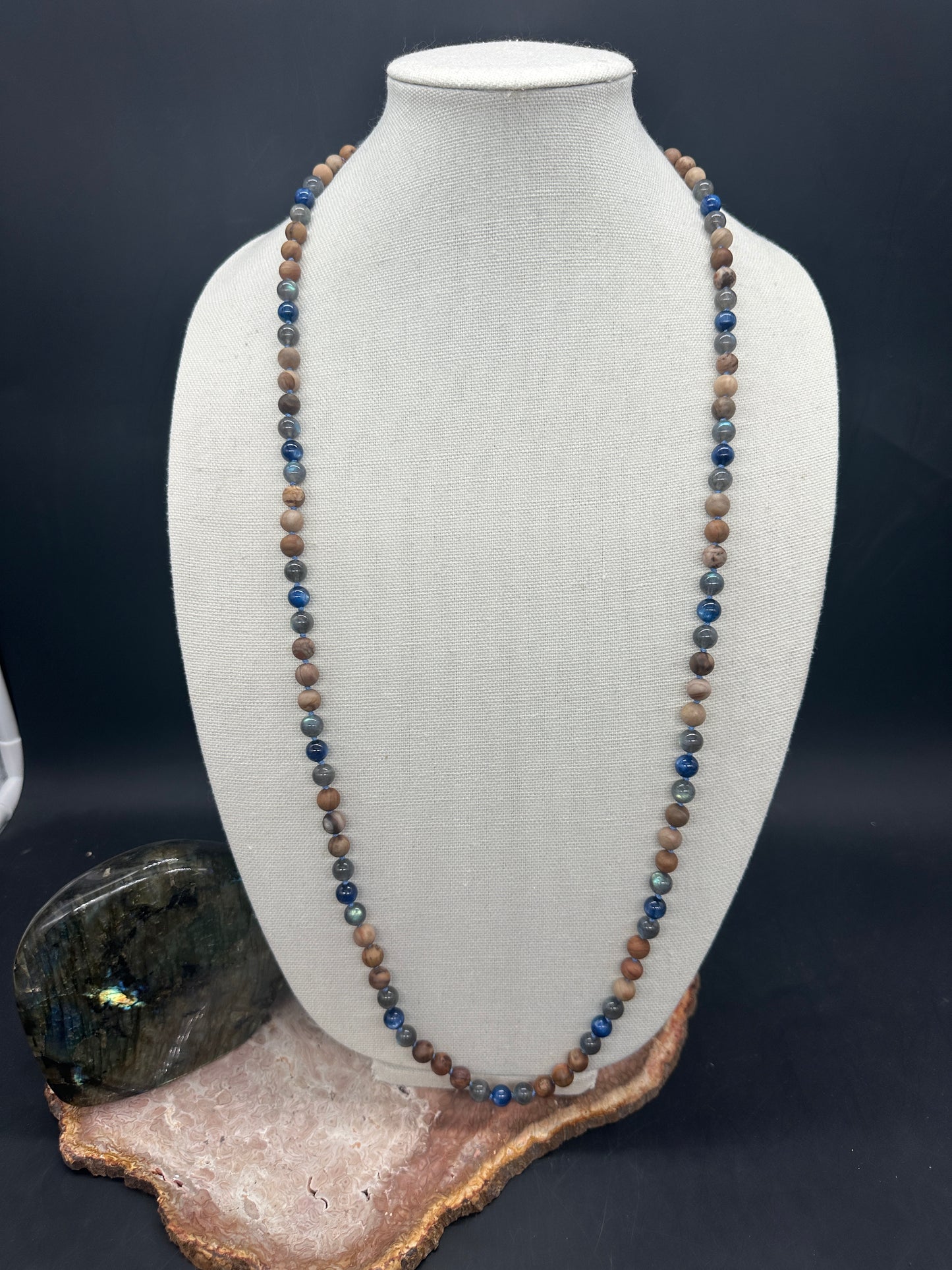 “Chop Wood / Carry Water” Mala – Kyanite, Labradorite, & Petrified Wood (8mm)