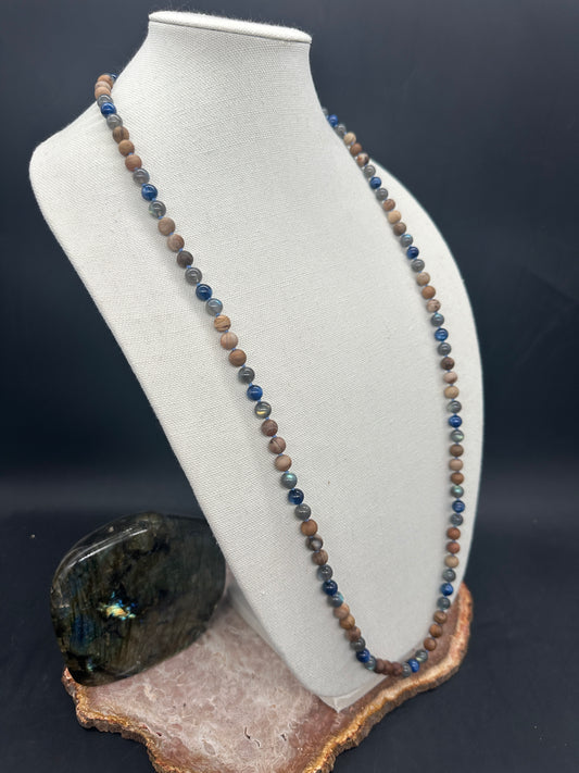 “Chop Wood / Carry Water” Mala – Kyanite, Labradorite, & Petrified Wood (8mm)
