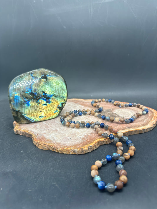“Chop Wood / Carry Water” Mala – Kyanite, Labradorite, & Petrified Wood (8mm)
